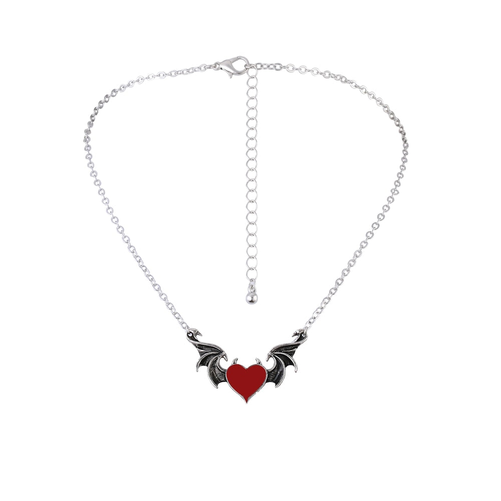 Collana da donna in lega stile punk hip-hop Black Devil Red Love Heart