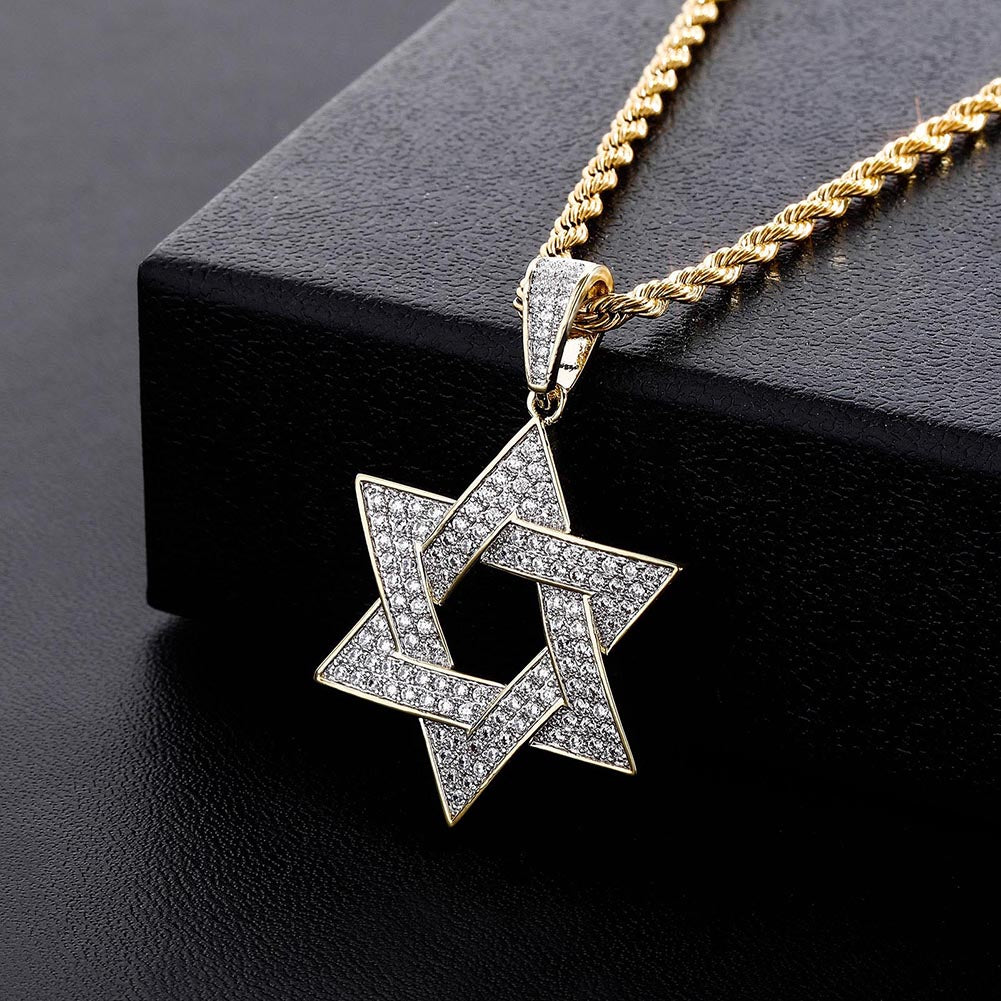 Hip Hop Uomo Gioielli placcati color oro Micro Pave Iced Out CZ Stone Star Of David Collane con ciondolo