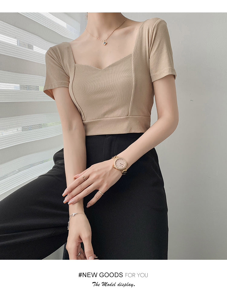 French Clavicle Square Collar Tops Women High Waist Croped Top Short Sleeve T-shirt Female