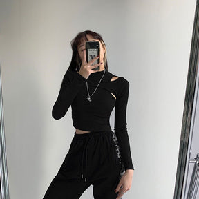 Hollow Knitted Crop Tops Women New Fitness Fake Two-piece T-shirt Female Long Sleeve Tops