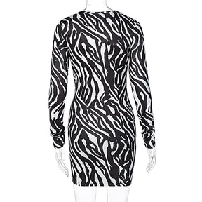 Zebra Print Long Sleeve V-Neck Bandage Sexy Mini Dress Streetwear Outfits Party Wear