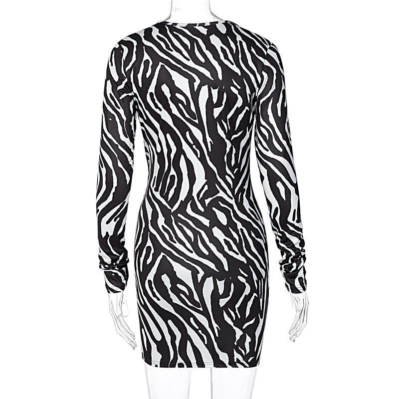 Zebra Print Long Sleeve V-Neck Bandage Sexy Mini Dress Streetwear Outfits Party Wear