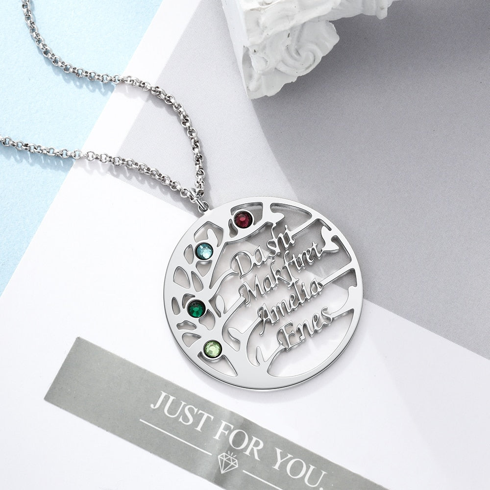 Family Tree Necklace with 4 Birthstones Name Necklace