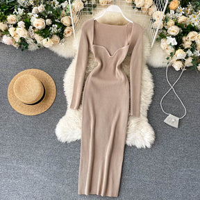 Strapless Ribbed Knitted Bodycon Dress Women Winter Long Sleeve Midi Sweater Dress