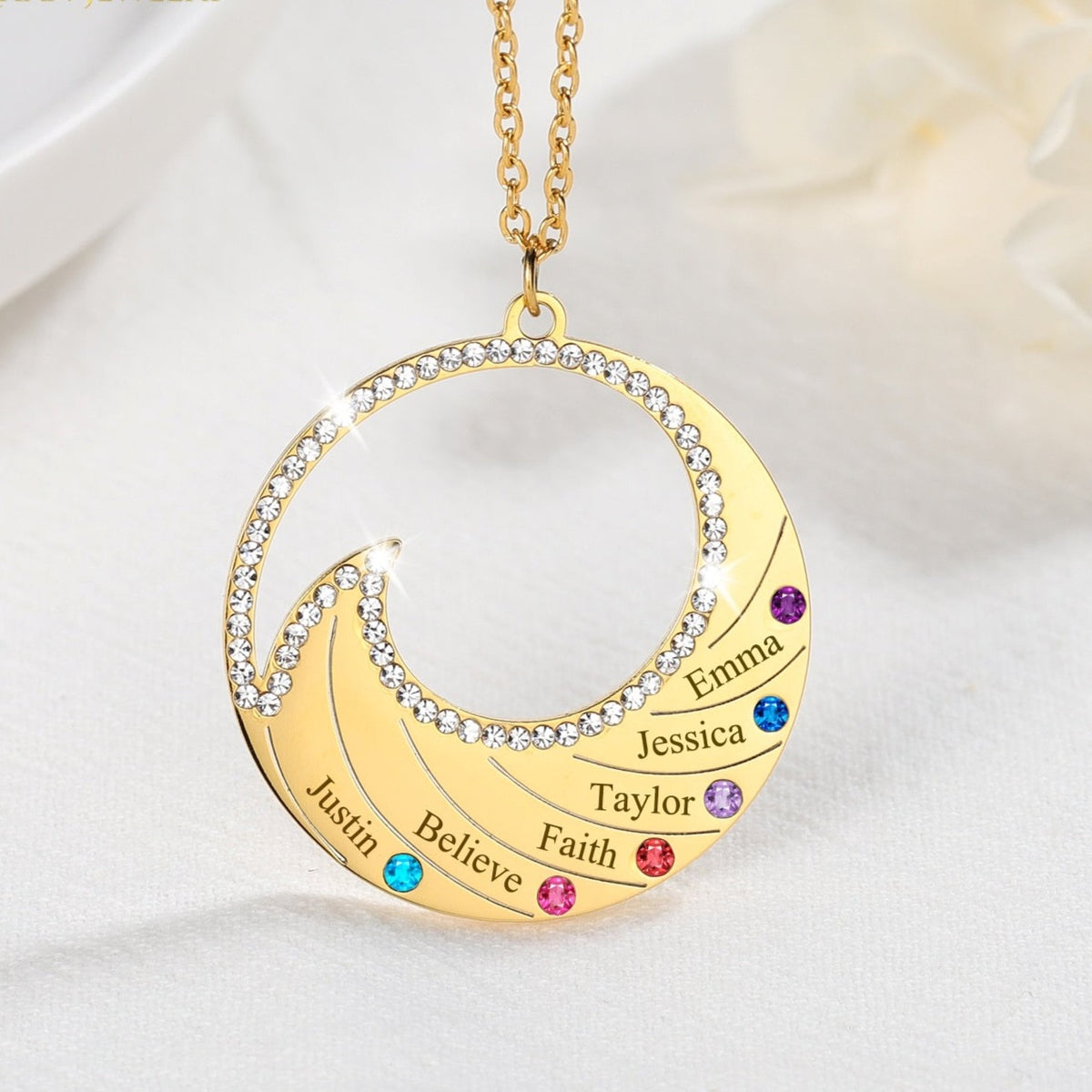 Personalized Name Necklace Pendant For Women Birthstone Crystal Necklaces Wave