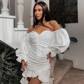 Off Shoulder Long Loose Flare Puff Sleeve Ruched Mini Dress