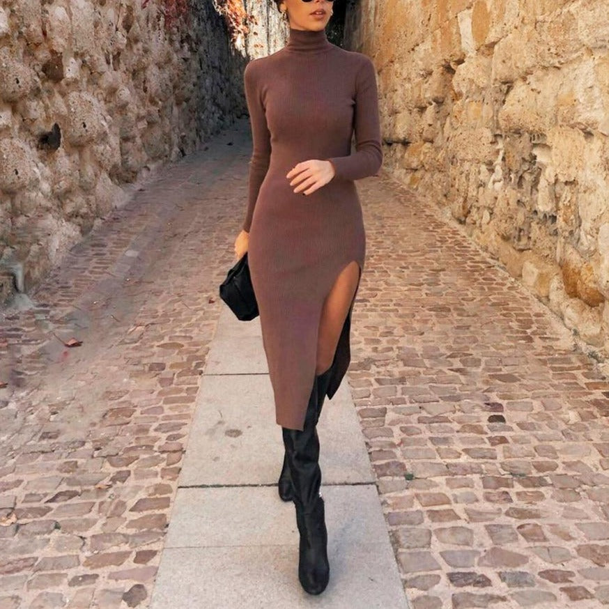 Long Sleeves High-Neck Elastic Midi Dress Lady Knit Sweater Dresses