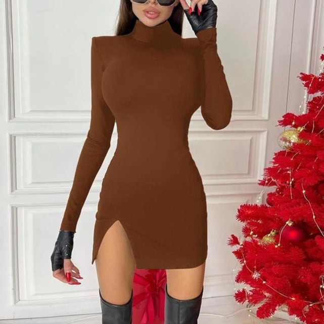 Women Spring Autumn Long Sleeve Bodycon Soild Color Black Slim Package Hip Mini Dress