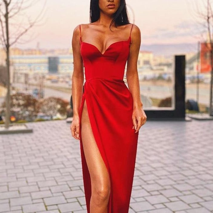 Satin Spaghetti Straps Low Cut Long Dress Women Summer Ruched Side High Split Maxi Dress