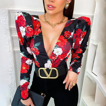 Spring Elegant Boho Print Bodysuits Rompers Women Jumpsuits Puff Sleeve Skinny Sexy V-neck