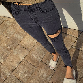 Irregular Ripped Holes Women Pencil Denim Jeans Stylish High Waist Stretched