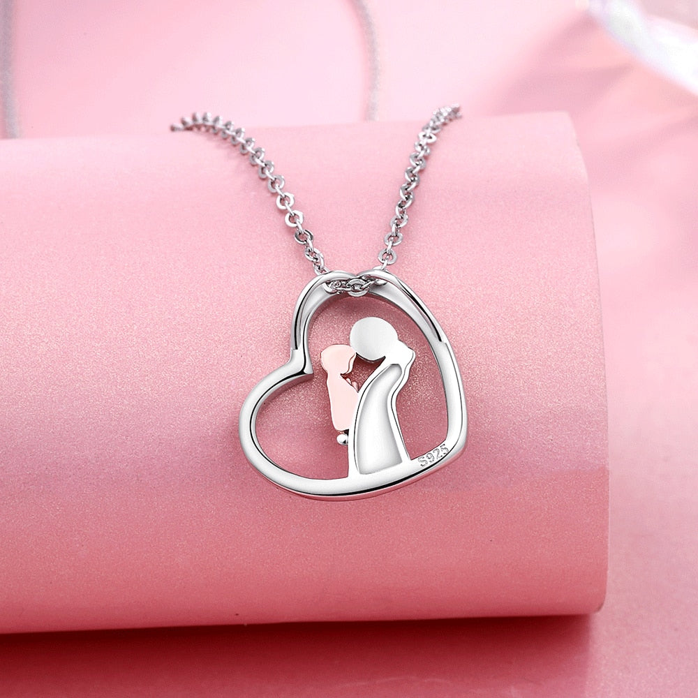 Mom Hugged Child Heart Zircon Pendant Necklace 925 Sterling Silver Rose Gold Baby Chain For Women Fine Jewelry Mother's Day Gift