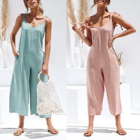 Women Sleeveless Rompers Loose Jumpsuit O Neck Casual Backless Overalls Trousers Wide Leg Pants