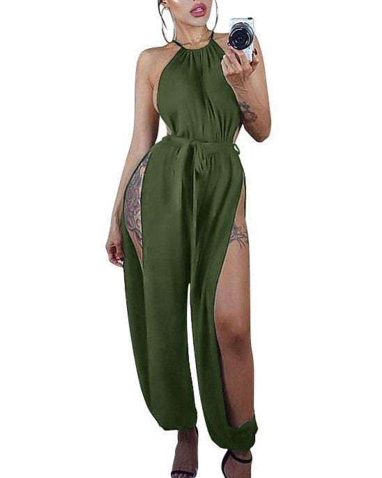 Women Hollow Out Jumpsuit Casual Sleeveless O-Neck Belt Jumpsuit Lace Up Slim Rompers