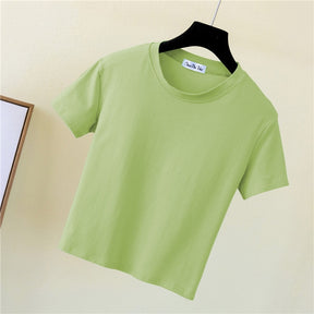 Crop Top T-Shirt Female Solid Cotton O-Neck Short Sleeve T-shirts for Women High Waist Slim T-Shirt