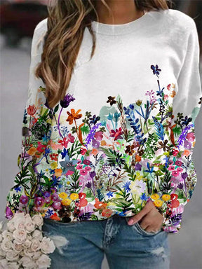 Women's Flower Print Top Loose Long-sleeved Round Neck Sweater All-match T-shirt