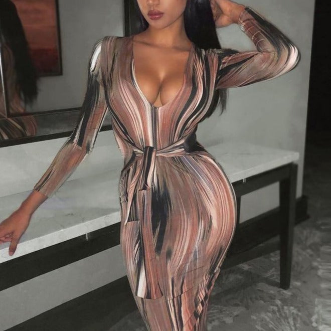 tie dye print women midi dress long sleeve bodycon sexy bandage bodycon