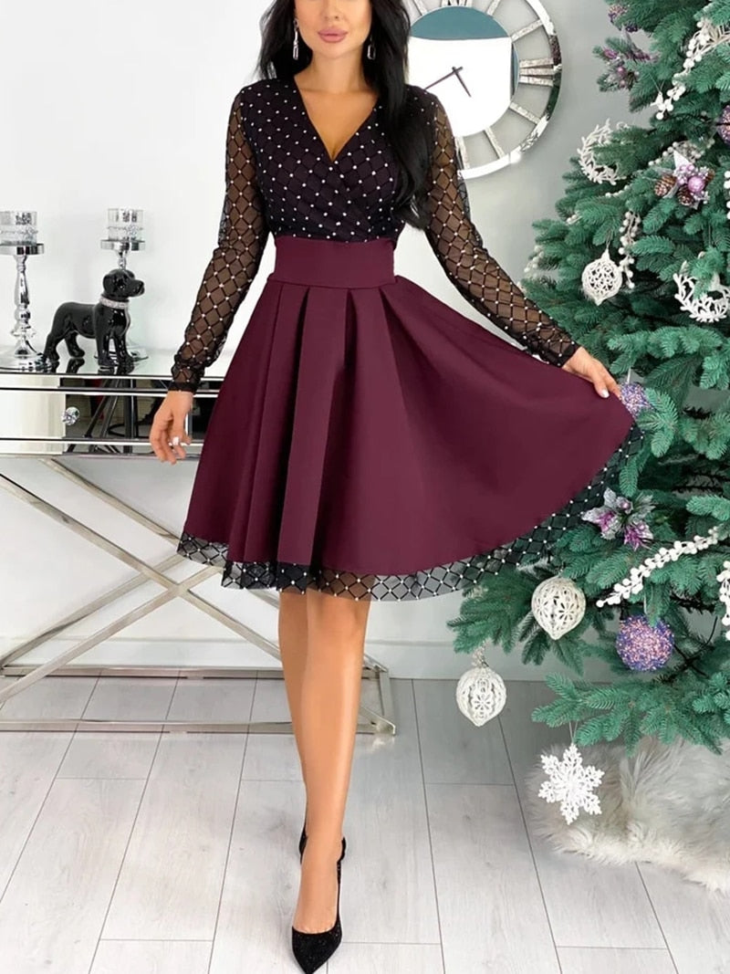 Shiny Sequin Diamond Mesh Stitching Dress Women Spring Autumn Sheer Long Sleeve Belted Slim A Line Dresses