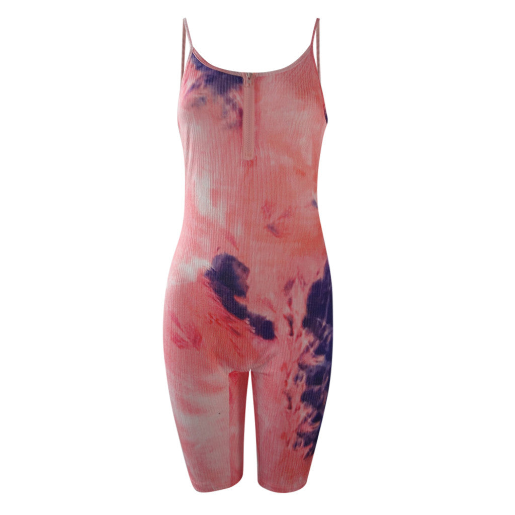 Sexy Strampler Shorts Playsuit Damen Ärmellos Slim Tie-Dye Bodycon Sport Shorts Jumpsuit