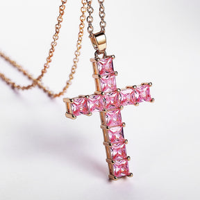 Collana con croce femminile intarsiata con zirconi bianchi/rosa alla moda per gioielli da festa