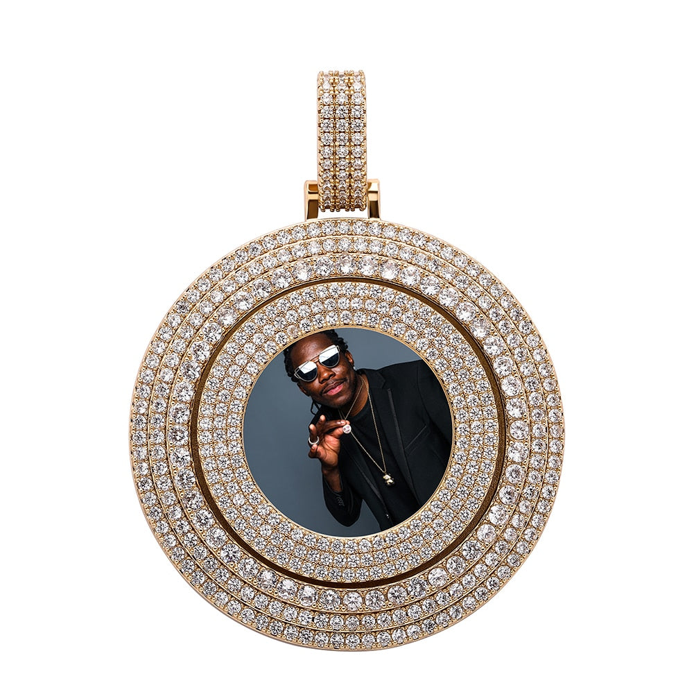 Big Size Custom Photo Rotating Pendant Halskette Full Iced Out Zirkonia Hip Hop Schmuck