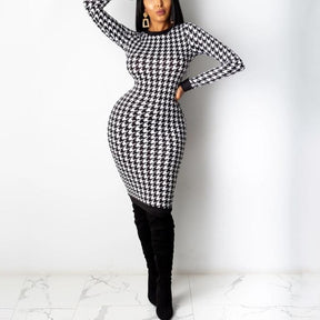 Houndstooth Print Women Long Sleeve Midi Dress Hollow Out Bodycon Streetwear