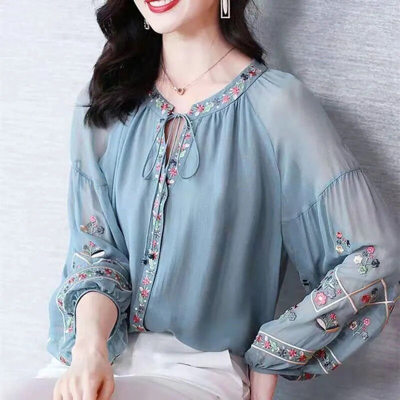 Chiffon Embroidery Blouse Long Lantern Sleeve Loose Top Casual Wear Oversize Casual Wear