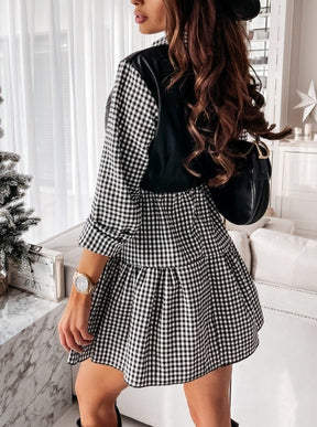 Long Sleeve Mini Shirt Dress For Women White 2022 Spring PU Leather Patchwork Plaid Dresses