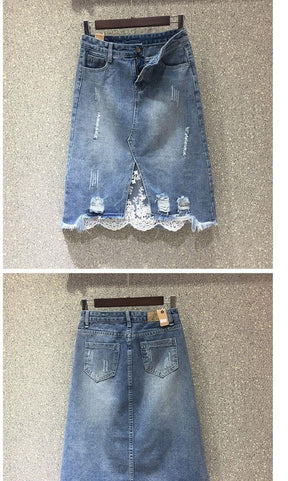 Spring Women Denim Skirts Casual Lace Irregular A-line Skirts