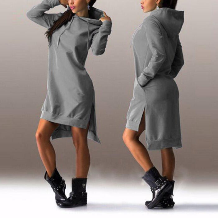 Woman Sweatshirt Dress Hoodies Autumn Sports Casual Long Sleeve Split Sweatshirt Hooded Dress