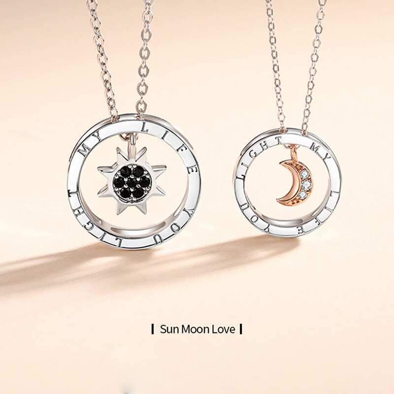 couple silver color ring sun and moon two-color pendant necklace jewelry gift