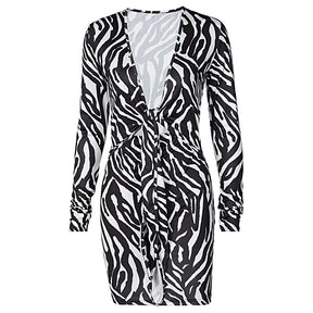 Zebra Print Long Sleeve V-Neck Bandage Sexy Mini Dress Streetwear Outfits Party Wear