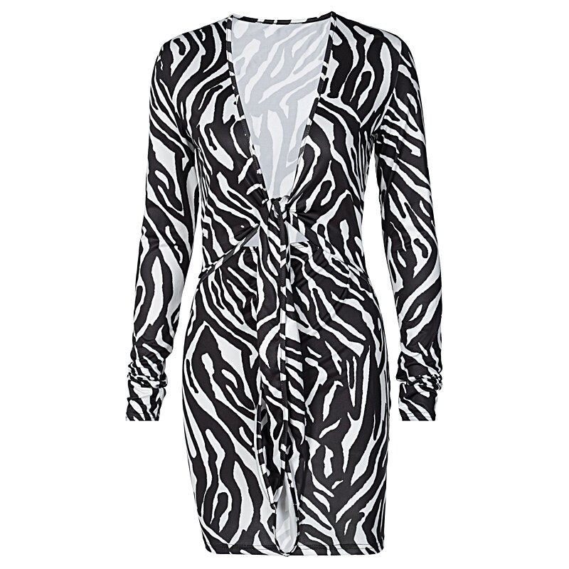 Zebra Print Long Sleeve V-Neck Bandage Sexy Mini Dress Streetwear Outfits Party Wear