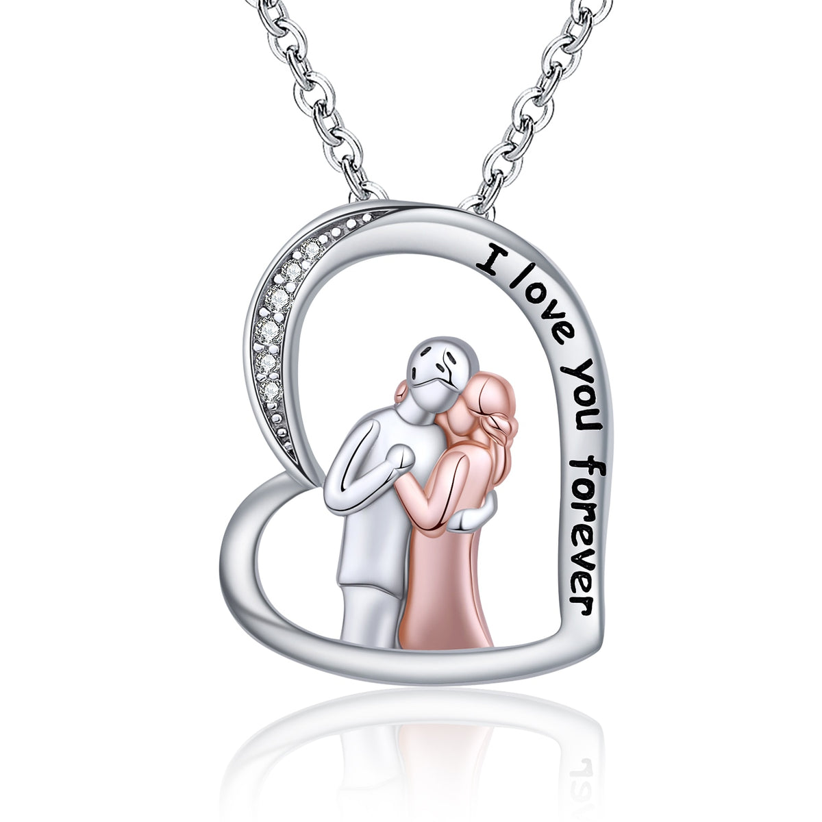 Coppia di rose con ciondolo a forma di cuore, collana in argento sterling 925 con marito e moglie abbracciata per le donne, regalo di San Valentino per gioielleria raffinata