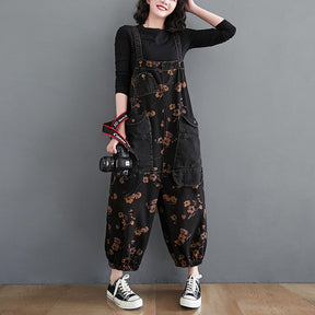 Loose Jeans Black Jumpsuit Casual Ladies Big Pockets Print Floral Denim Overalls Straps Rompers