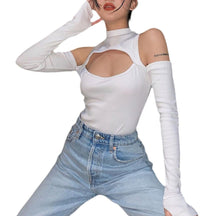 Women’s Long-sleeved Bodysuit Solid Color Hollow Off-shoulder Half High Collar Jumpsuit