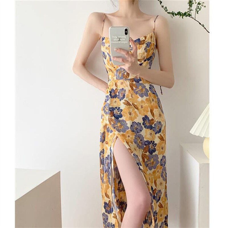 Women Floral Strap Dress Summer French Vintage Square Collar Slit Sleeveless Long Dresses