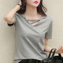 summer short sleeve women white t-shirt women V-neck loose black top casual t shirt women