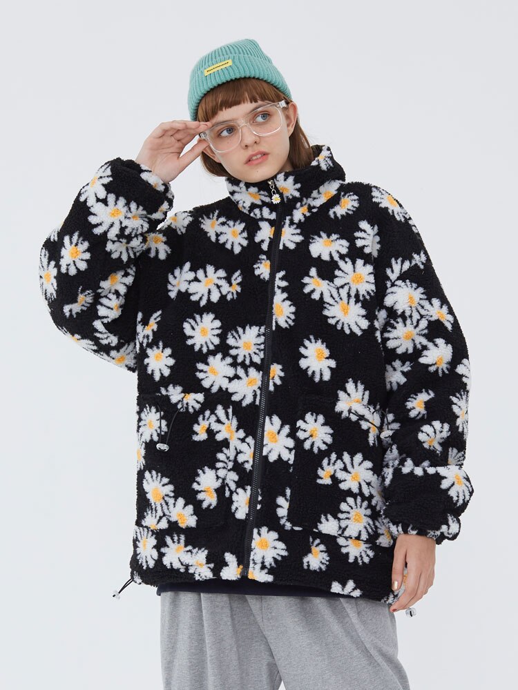 Cotton Padded Thick Parkas Jackets Daisy Print Fleece Warm Full Zip Coats