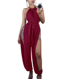 Women Hollow Out Jumpsuit Casual Sleeveless O-Neck Belt Jumpsuit Lace Up Slim Rompers