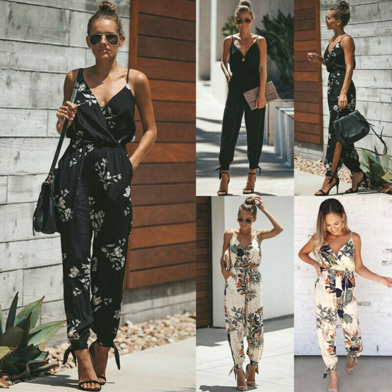 Women Sleeveless Loose Baggy Trousers Solid Romper Jumpsuit Cotton Print Broadcloth