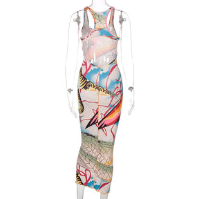 Sleeveless Hollow Out Straps Asymmetric Print Backless Ruched Sexy Maxi Dress