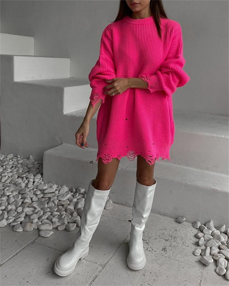 O Neck Oversized Mini Knitted Women Sweater Loose Dresses Autumn Winter Long Sleeve