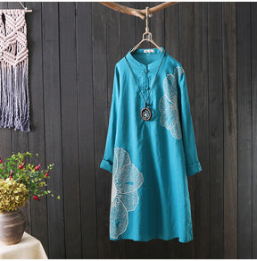 Cotton Shirt Long Sleeve Embroidery Blouse Stand Collar Loose Long Top Office Lady Casual Wear