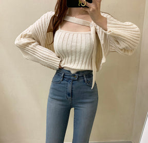 Camisole Knitted Cardigans Women Two Piece Sets 2021 Autumn Sweater Jacket Woman