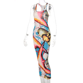 Sleeveless Hollow Out Straps Asymmetric Print Backless Ruched Sexy Maxi Dress