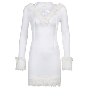 Furry White Bodycon Mini Dresses Women Autumn Long Sleeve Hooded V Neck Dress