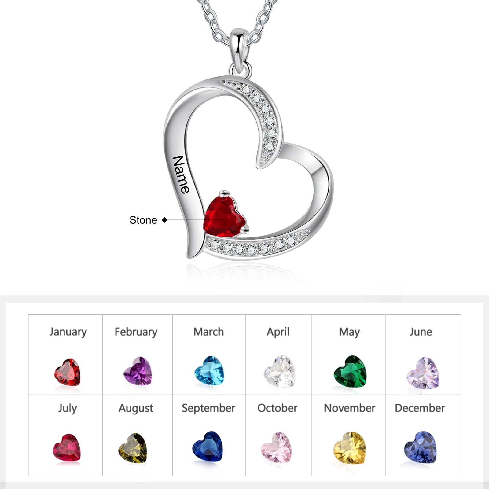 Personalized 1-6 Name Engraving Heart Pendant DIY Birthstone Necklace