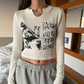 Knitted Crop Top Vintage Aesthetic Letter Printed Long Sleeve T-Shirts Sexy Slim Fit Tee Tops