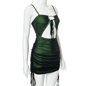 Women Mesh Bodycon Mini Green Dress Spaghetti Strap Lace Up Ruched Slim